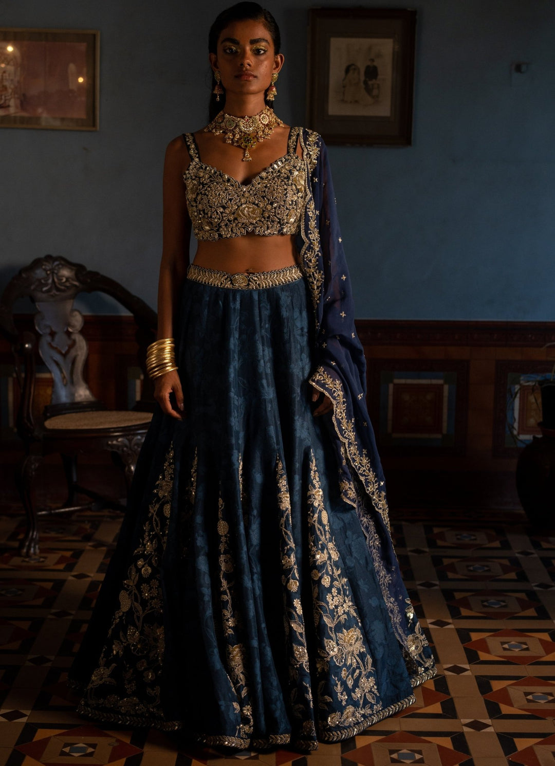 Navy Blue Embroidered Jacquard Lehenga Set Paulmi and Harsh - Fabilicious Fashion