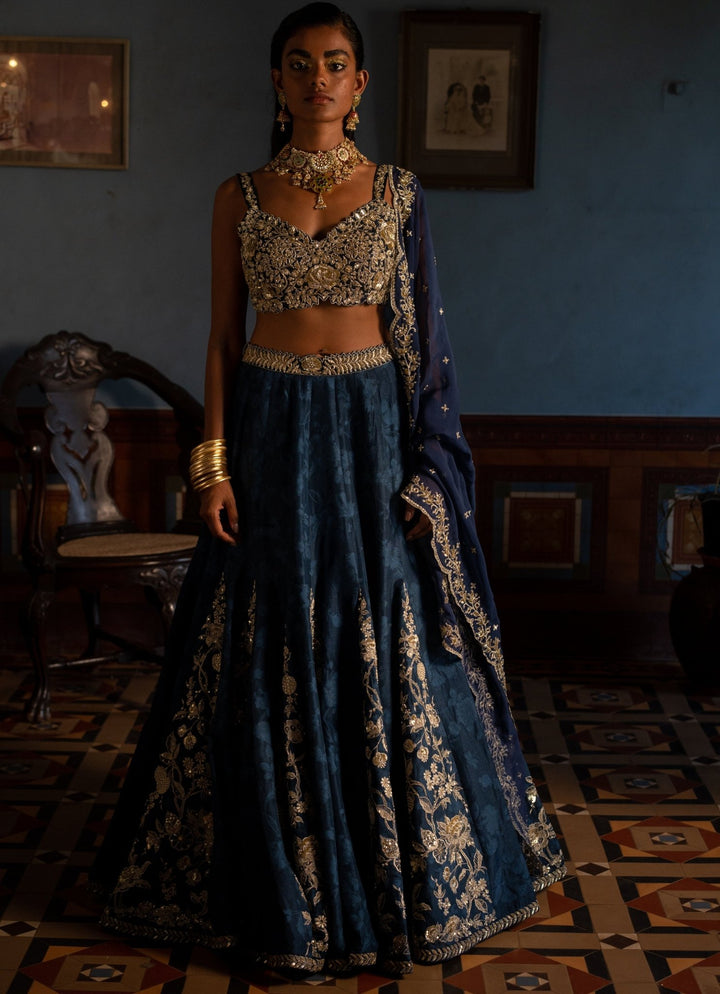 Navy Blue Embroidered Jacquard Lehenga Set Paulmi and Harsh - Fabilicious Fashion