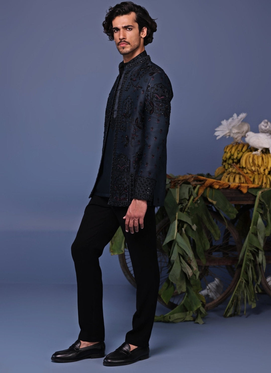 Navy Blue Embroidered Jodhpuri Jacket Pant Set Kalpraag - Fabilicious Fashion