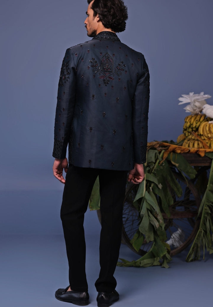 Navy Blue Embroidered Jodhpuri Jacket Pant Set Kalpraag - Fabilicious Fashion