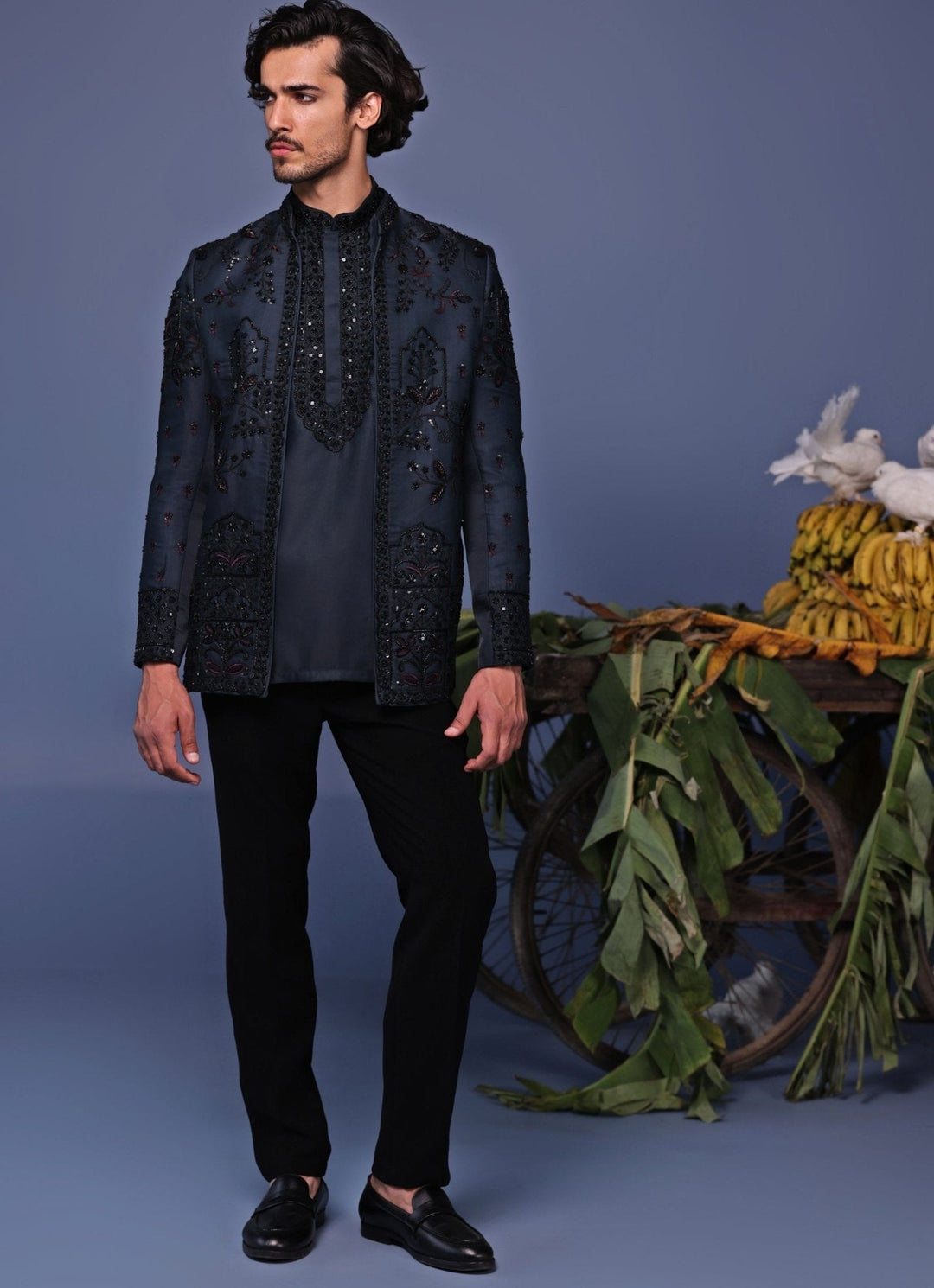 Navy Blue Embroidered Jodhpuri Jacket Pant Set Kalpraag - Fabilicious Fashion