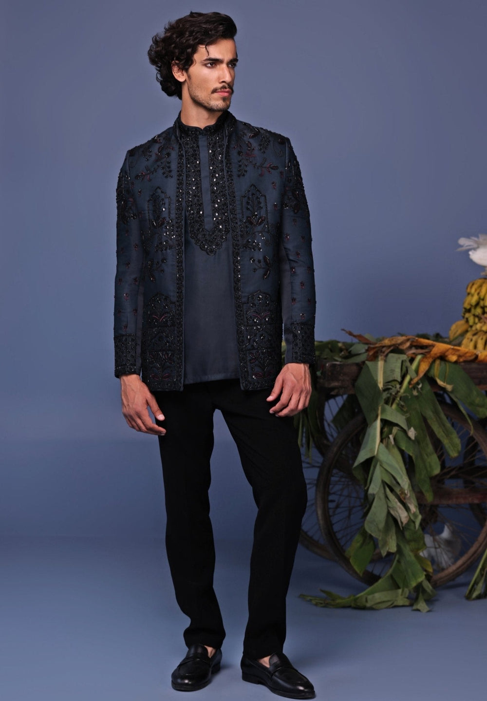 Navy Blue Embroidered Jodhpuri Jacket Pant Set Kalpraag - Fabilicious Fashion