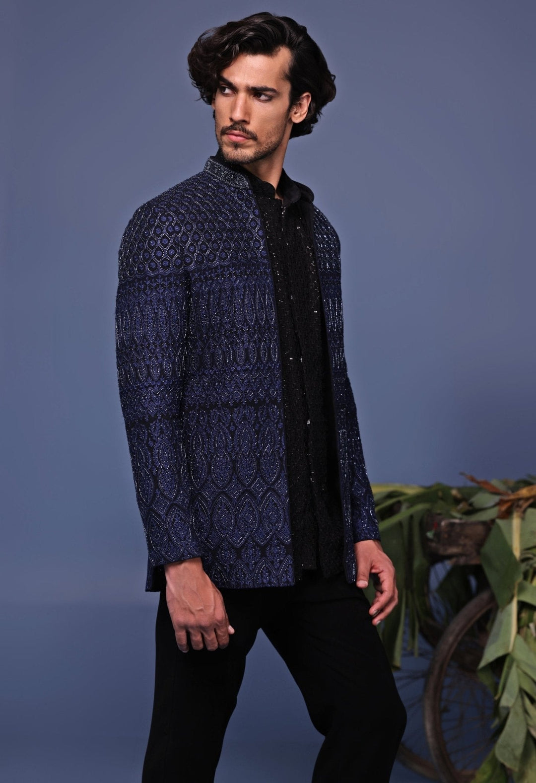 Navy Blue Embroidered Jodhpuri Jacket Pant Set Kalpraag - Fabilicious Fashion