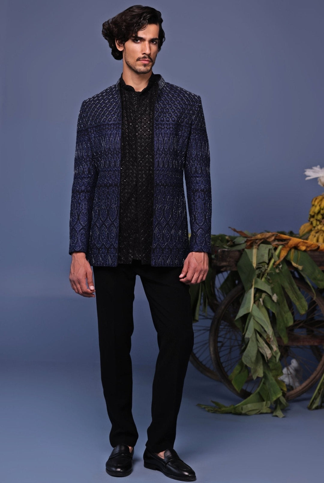 Navy Blue Embroidered Jodhpuri Jacket Pant Set Kalpraag - Fabilicious Fashion