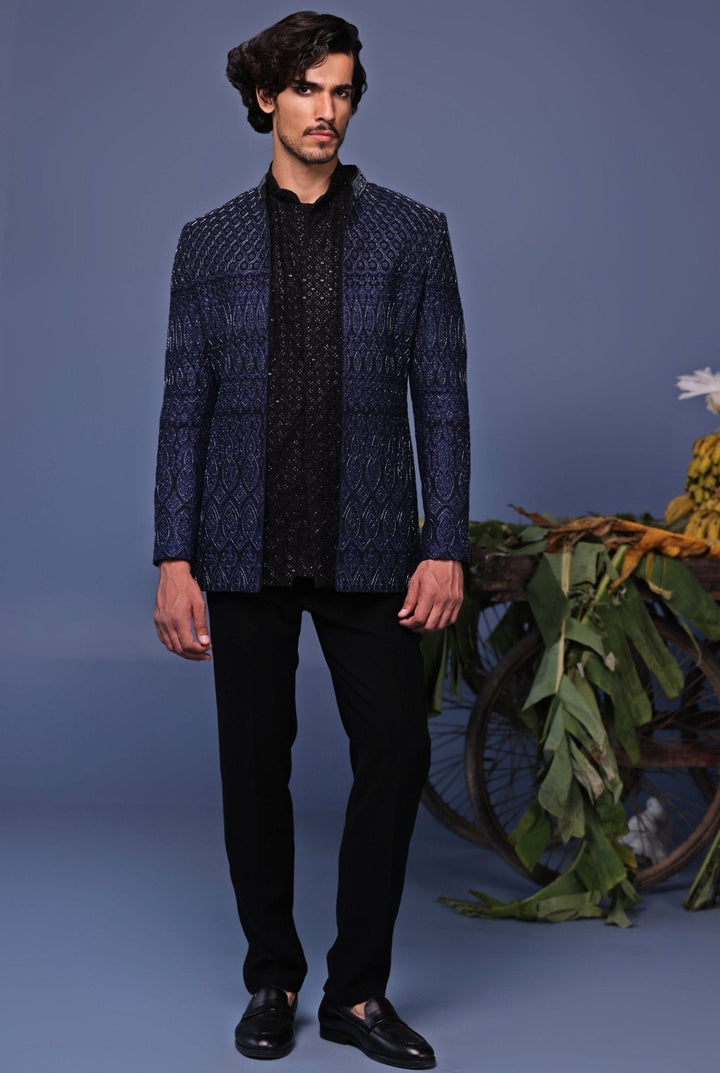Navy Blue Embroidered Jodhpuri Jacket Pant Set Kalpraag - Fabilicious Fashion