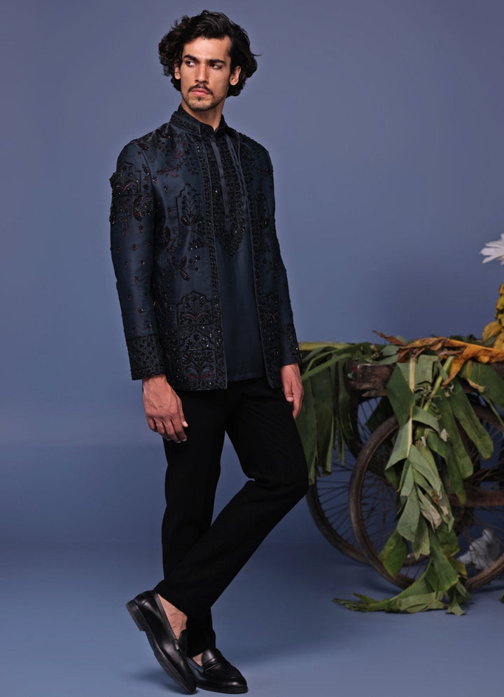 Navy Blue Embroidered Jodhpuri Jacket Pant Set Kalpraag - Fabilicious Fashion