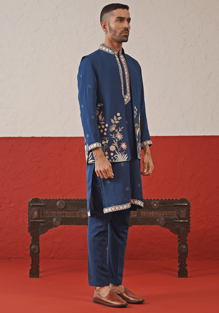 Navy Blue Embroidered Kurta Set With Jacket Kalpraag - Fabilicious Fashion