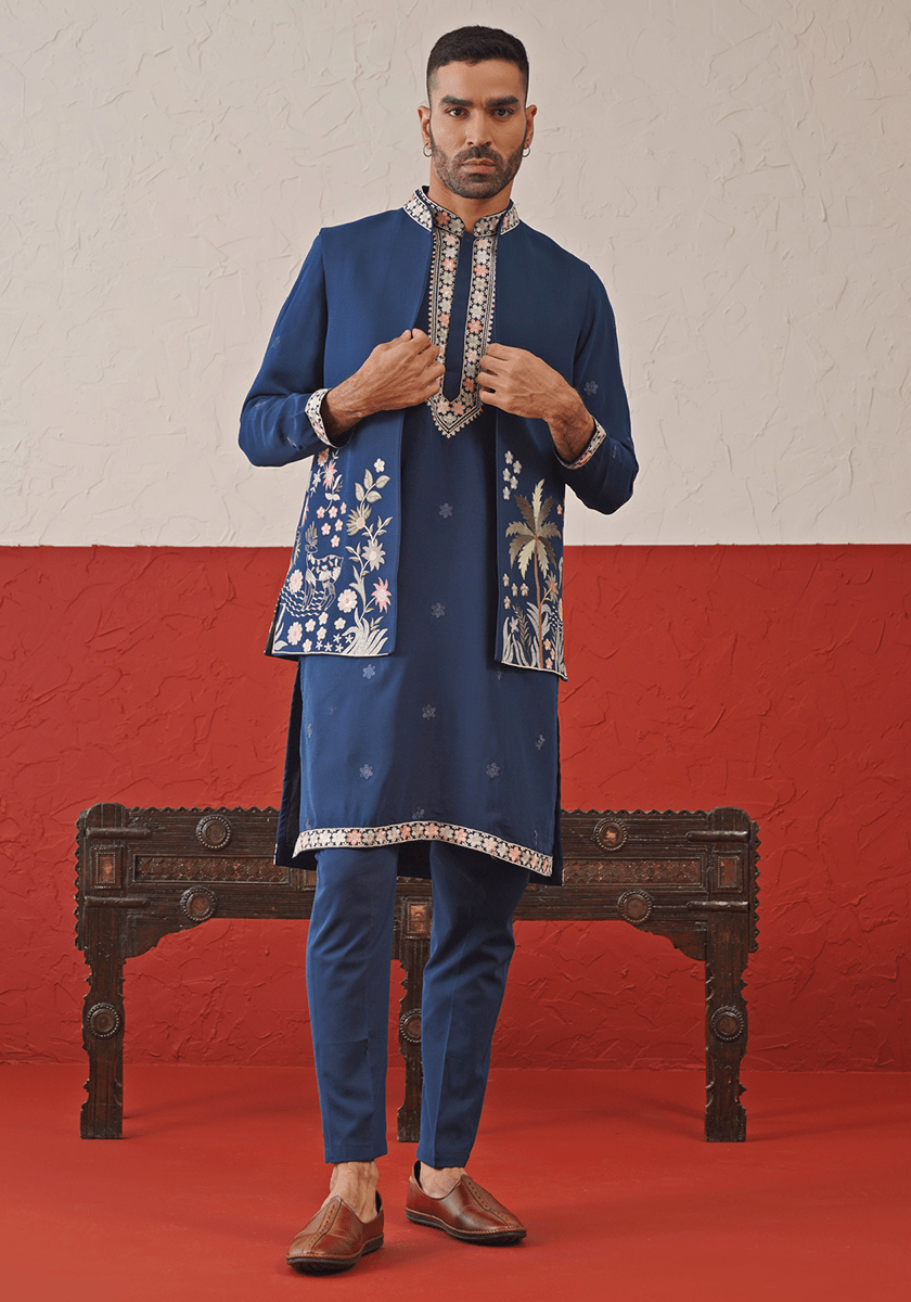 Navy Blue Embroidered Kurta Set With Jacket Kalpraag - Fabilicious Fashion