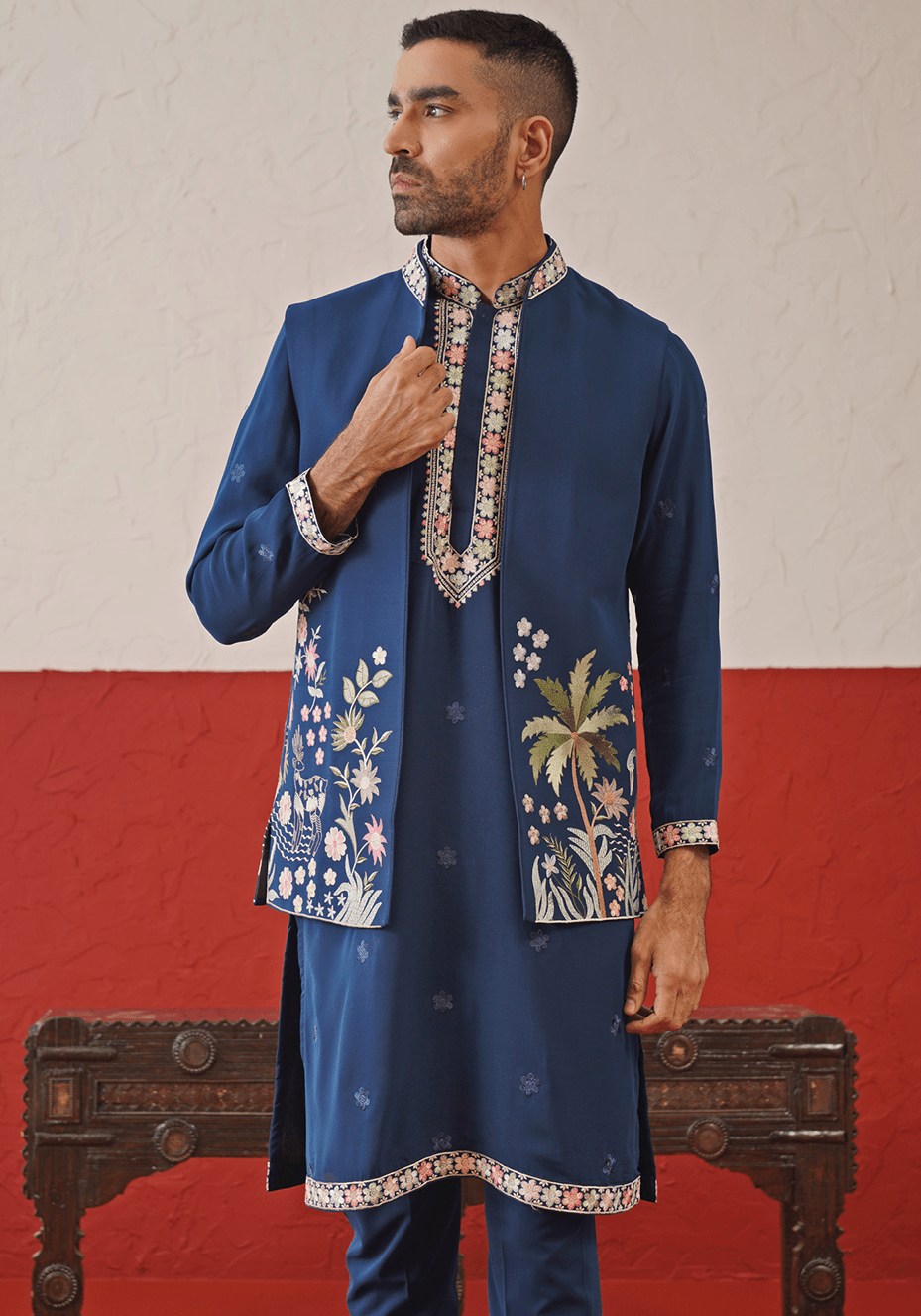 Navy Blue Embroidered Kurta Set With Jacket Kalpraag - Fabilicious Fashion