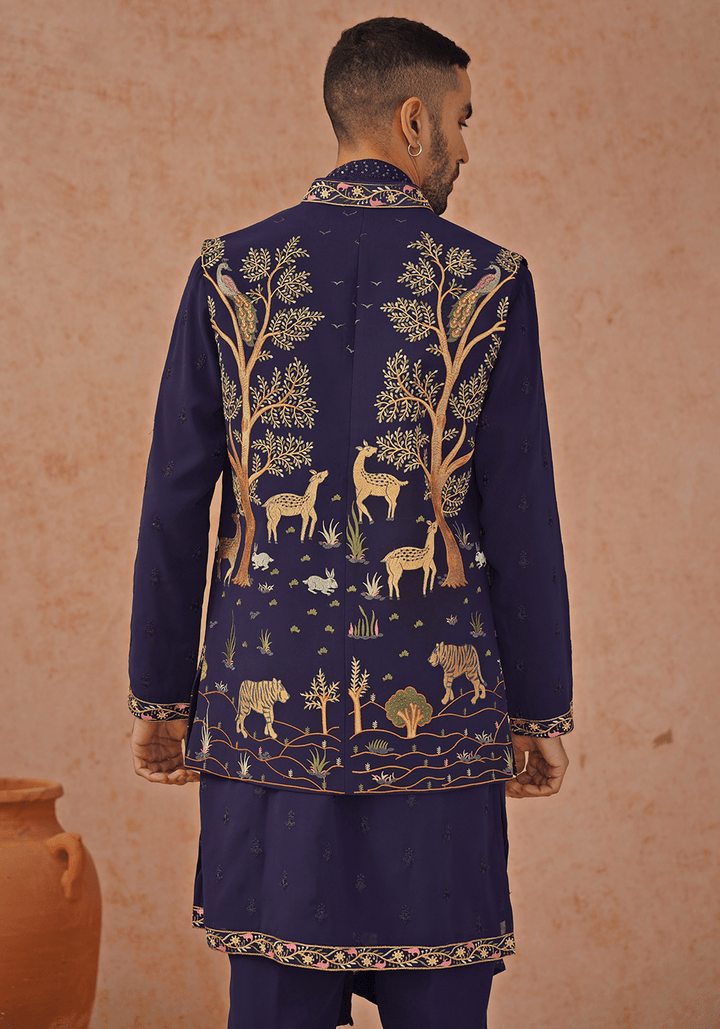 Navy Blue Embroidered Kurta Set With Jacket Kalpraag - Fabilicious Fashion