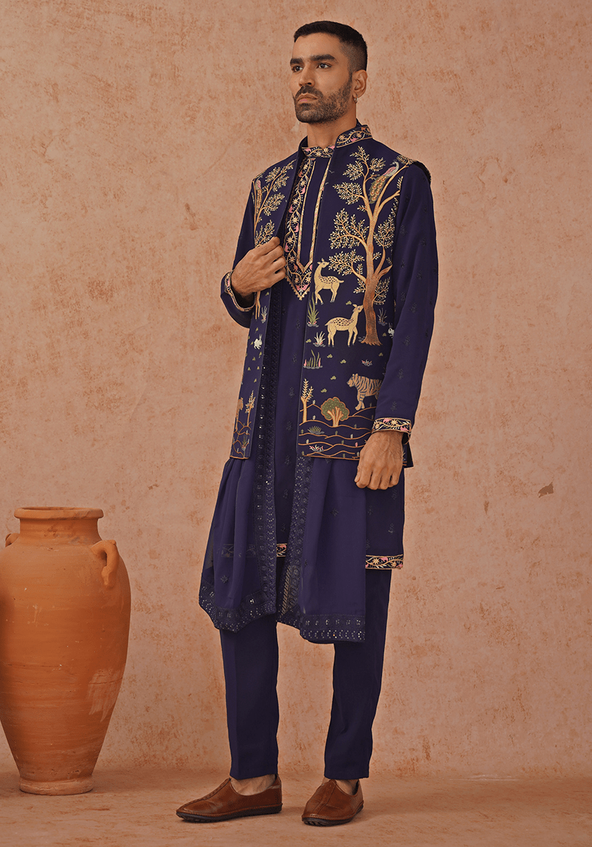 Navy Blue Embroidered Kurta Set With Jacket Kalpraag - Fabilicious Fashion
