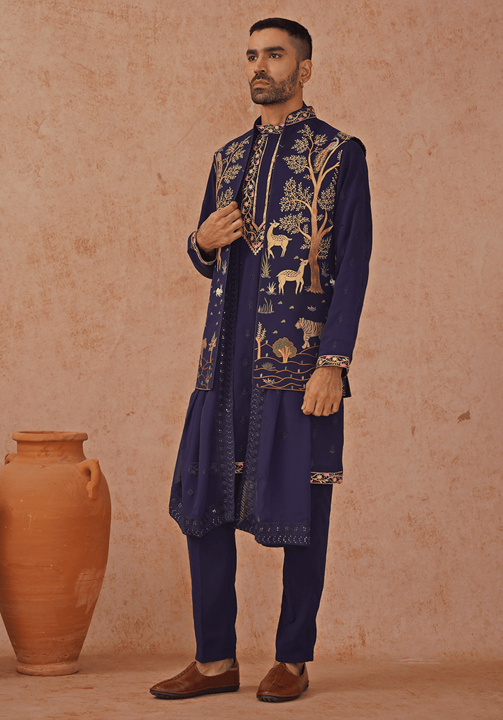 Navy Blue Embroidered Kurta Set With Jacket Kalpraag - Fabilicious Fashion