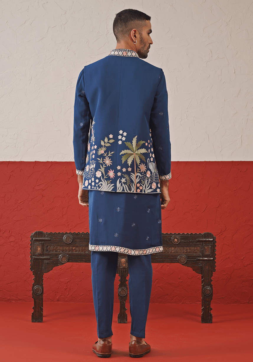 Navy Blue Embroidered Kurta Set With Jacket Kalpraag - Fabilicious Fashion