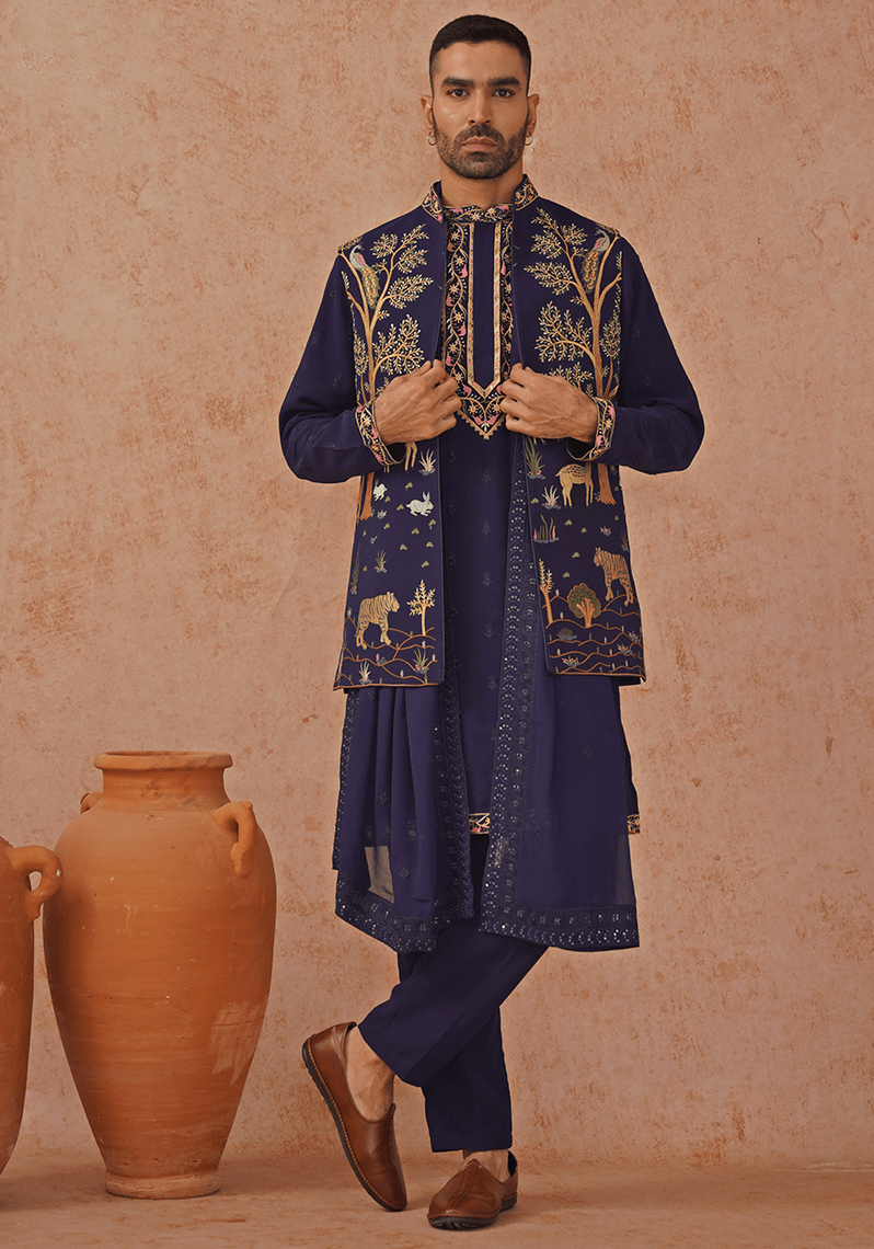 Navy Blue Embroidered Kurta Set With Jacket Kalpraag - Fabilicious Fashion