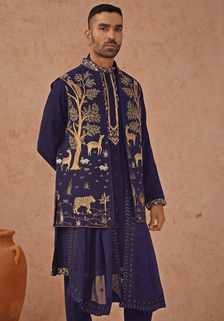 Navy Blue Embroidered Kurta Set With Jacket Kalpraag - Fabilicious Fashion