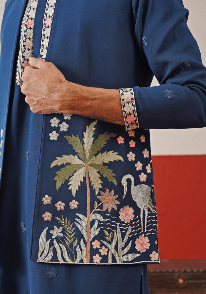 Navy Blue Embroidered Kurta Set With Jacket Kalpraag - Fabilicious Fashion