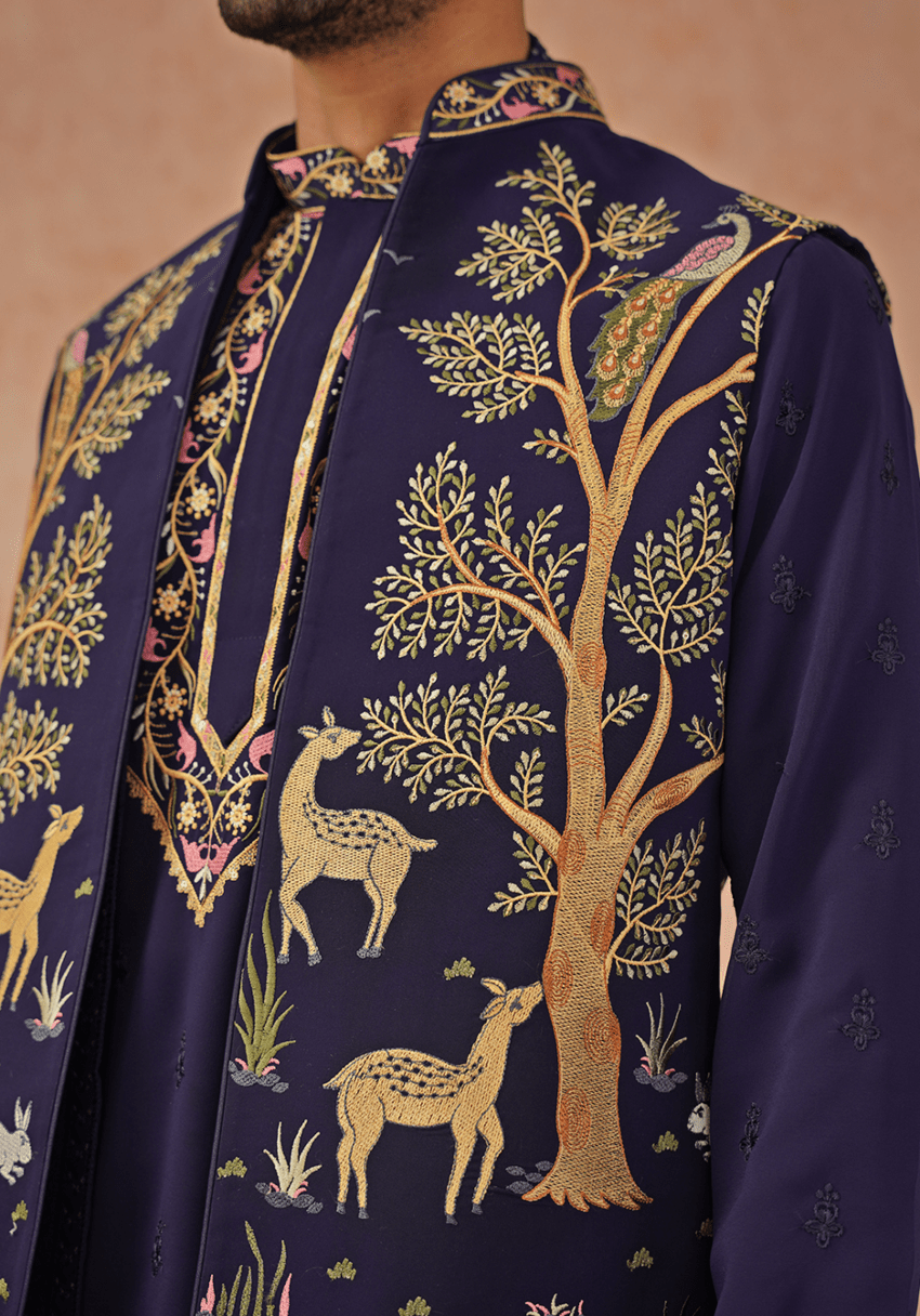 Navy Blue Embroidered Kurta Set With Jacket Kalpraag - Fabilicious Fashion