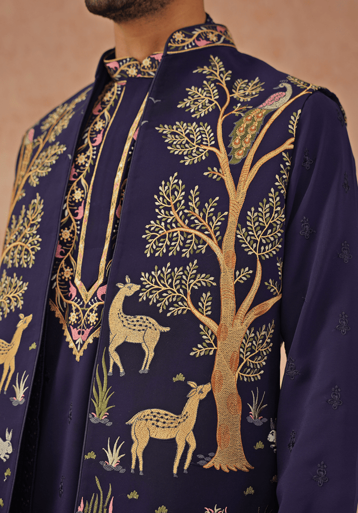 Navy Blue Embroidered Kurta Set With Jacket Kalpraag - Fabilicious Fashion