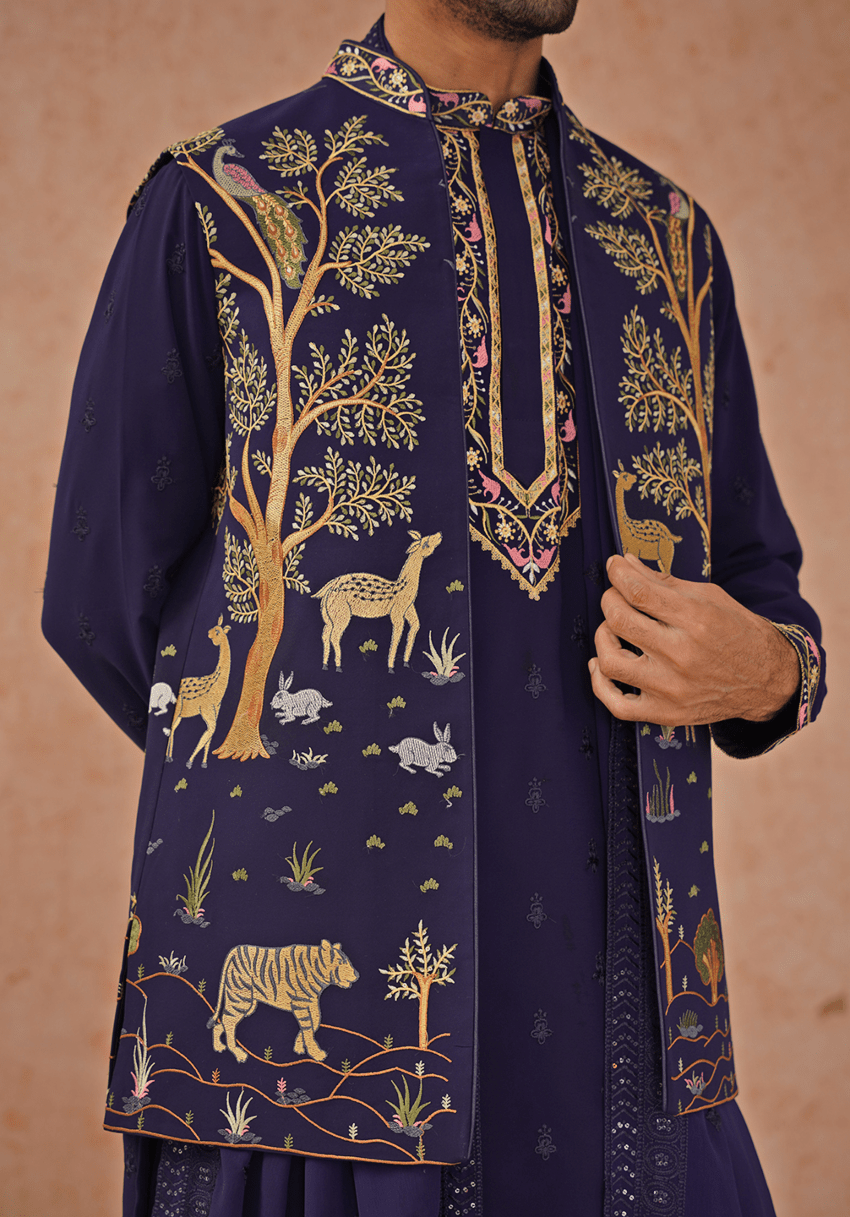Navy Blue Embroidered Kurta Set With Jacket Kalpraag - Fabilicious Fashion