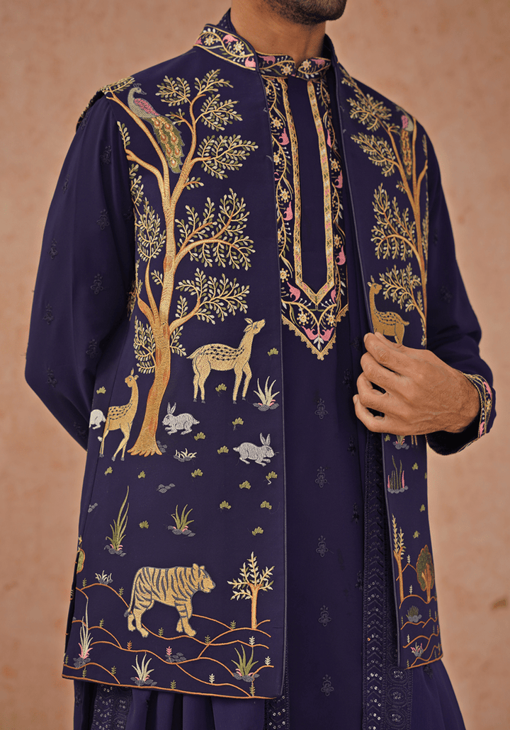 Navy Blue Embroidered Kurta Set With Jacket Kalpraag - Fabilicious Fashion