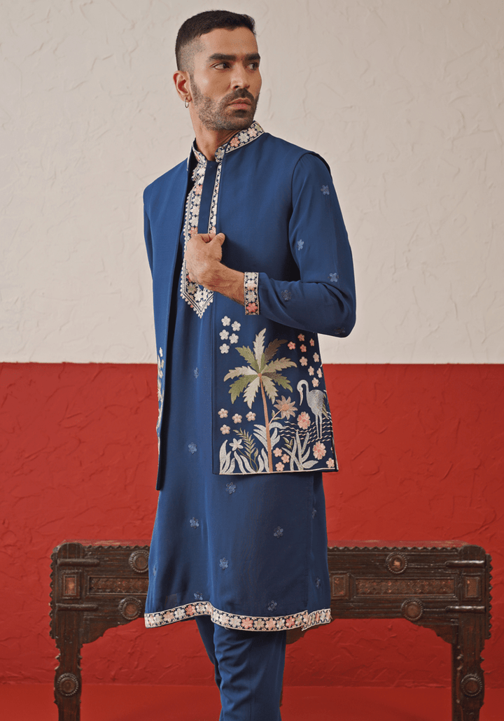 Navy Blue Embroidered Kurta Set With Jacket Kalpraag - Fabilicious Fashion