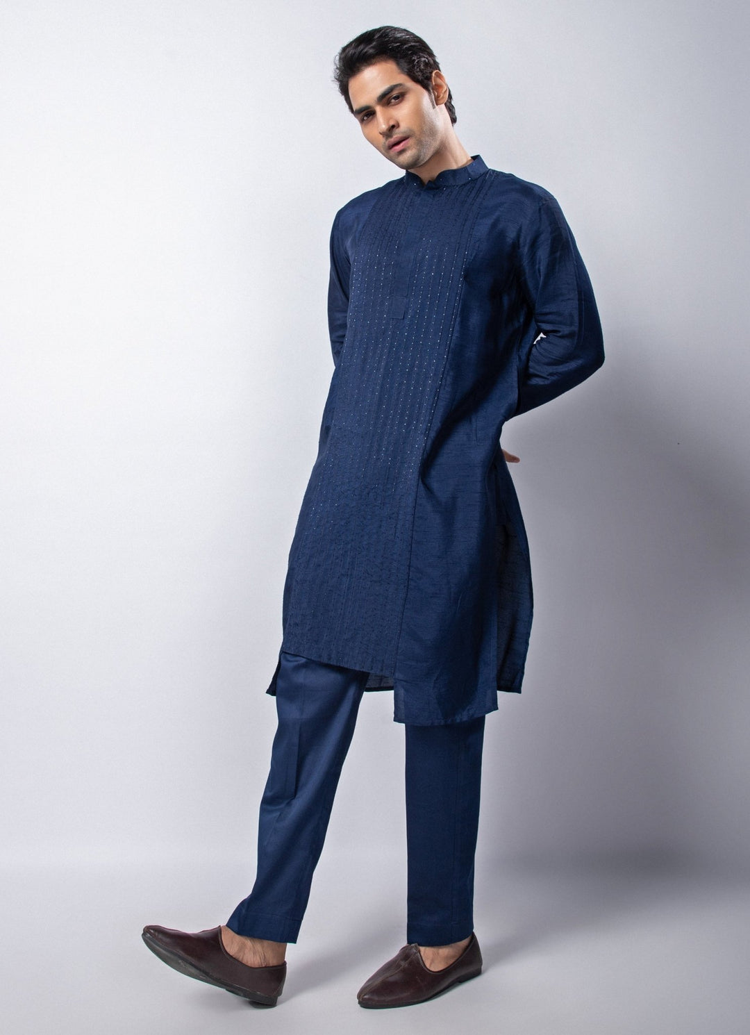 Navy Blue Embroidered Nehru Jacket with Kurta Set Smriti - Fabilicious Fashion
