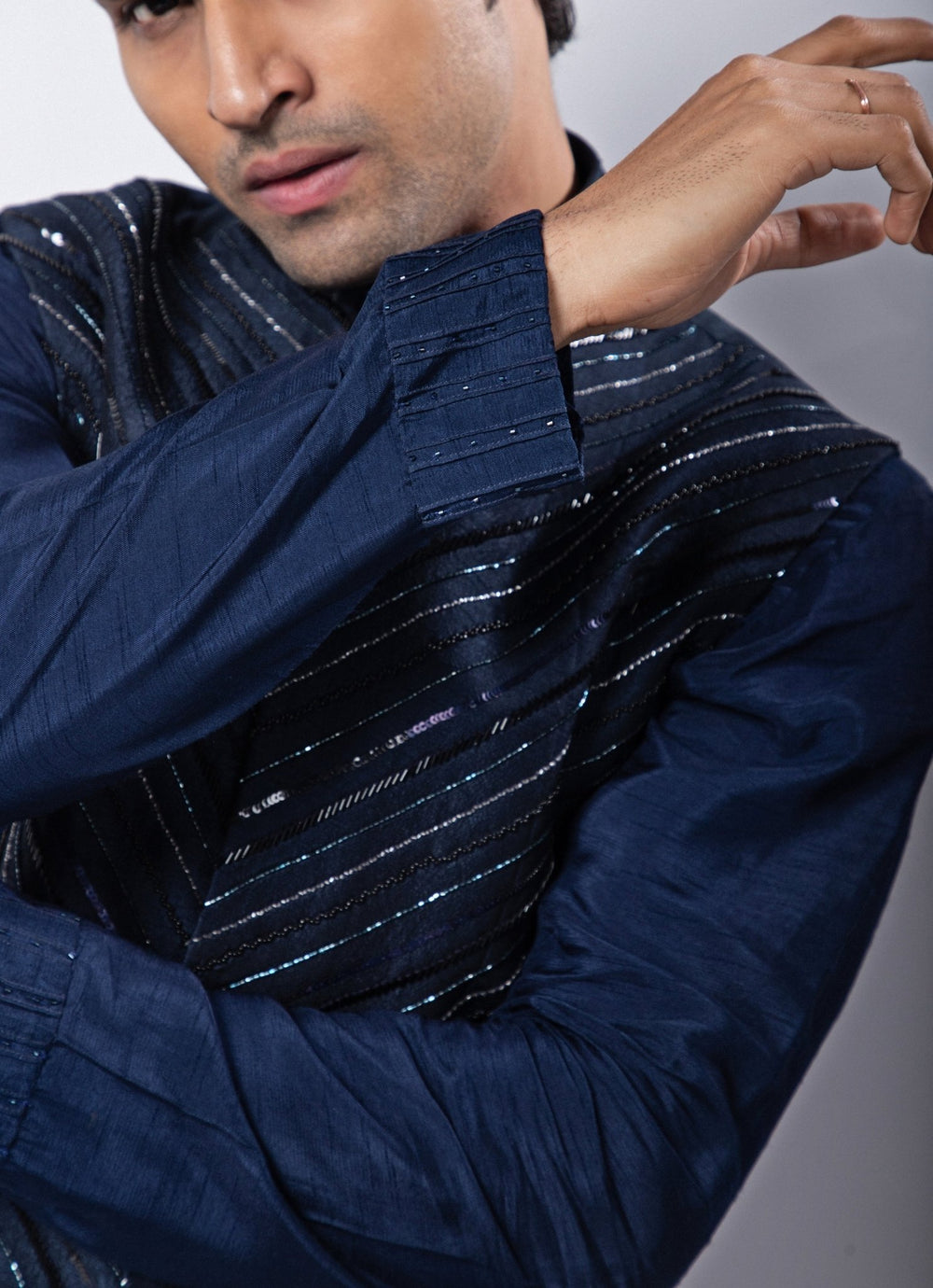 Navy Blue Embroidered Nehru Jacket with Kurta Set Smriti - Fabilicious Fashion