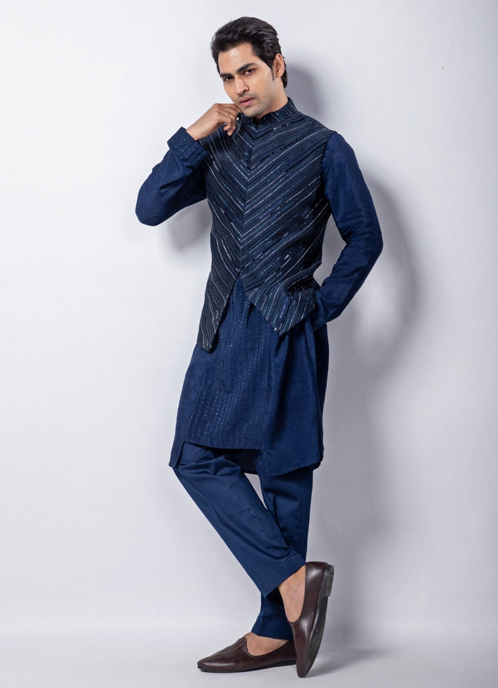 Navy Blue Embroidered Nehru Jacket with Kurta Set Smriti - Fabilicious Fashion