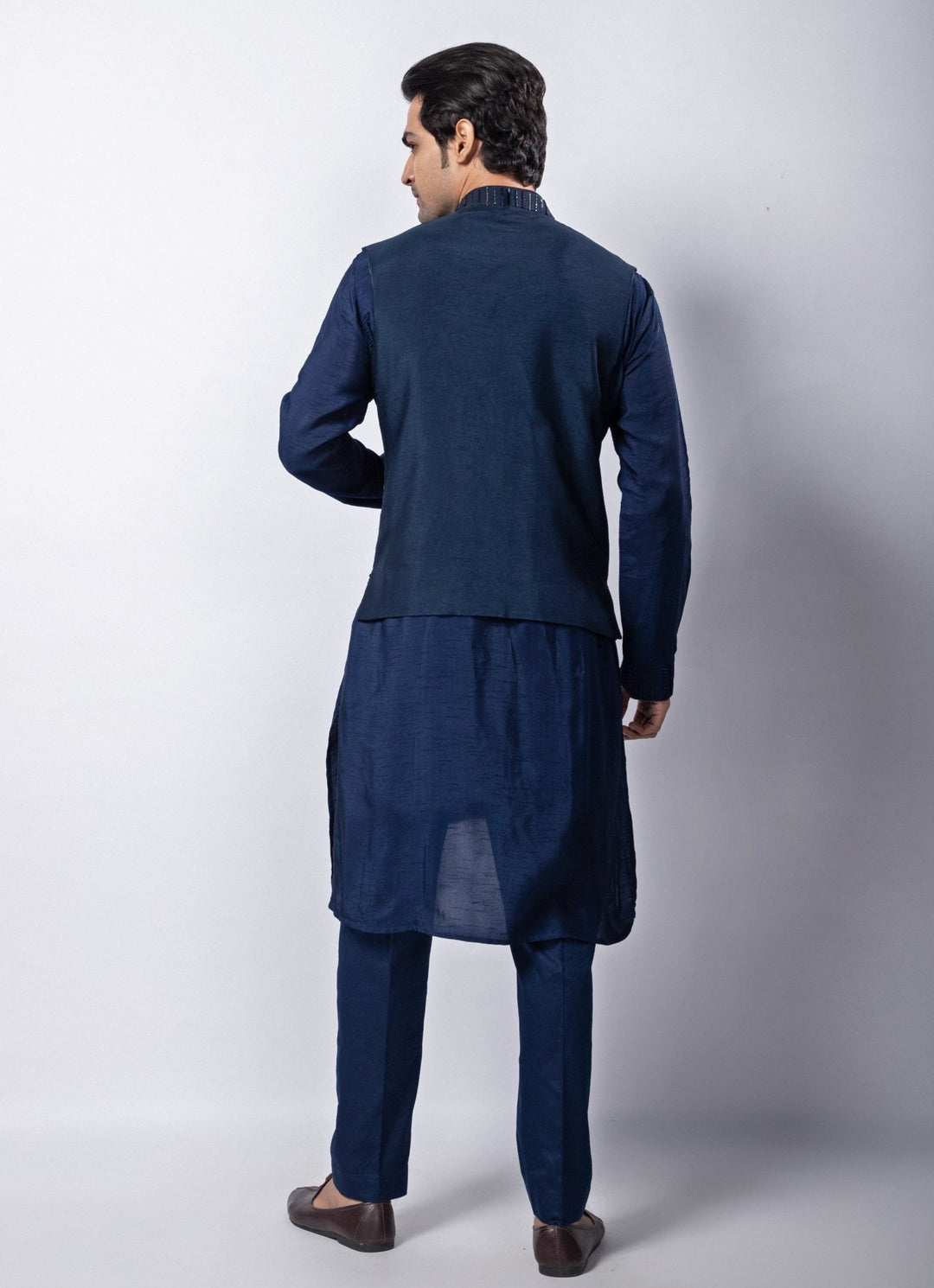 Navy Blue Embroidered Nehru Jacket with Kurta Set Smriti - Fabilicious Fashion