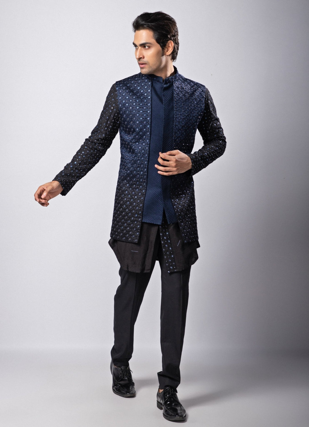 Navy Blue Embroidered Nehru Jacket Smriti - Fabilicious Fashion