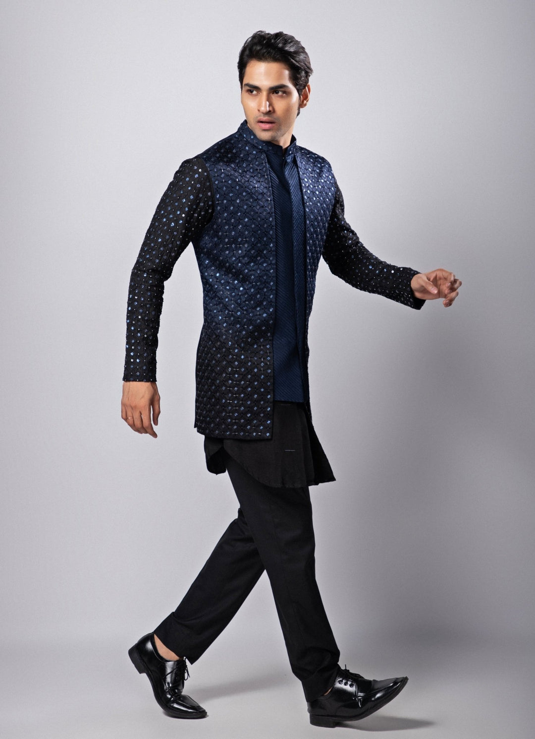 Navy Blue Embroidered Nehru Jacket Smriti - Fabilicious Fashion