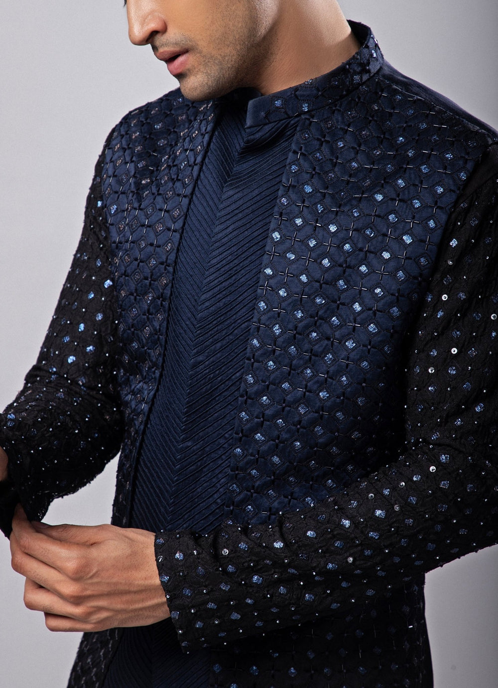 Navy Blue Embroidered Nehru Jacket Smriti - Fabilicious Fashion