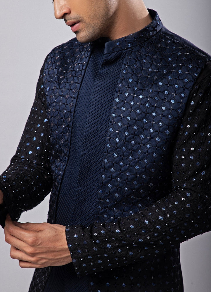 Navy Blue Embroidered Nehru Jacket Smriti - Fabilicious Fashion