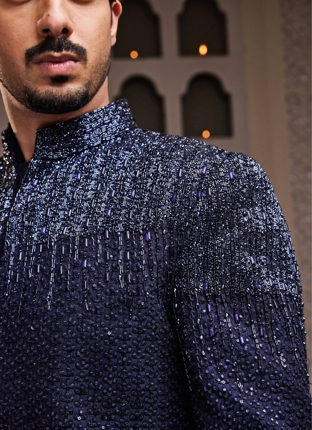 Navy Blue Embroidered Raw Silk Jodhpuri Set Nitika Gujral - Men - Fabilicious Fashion