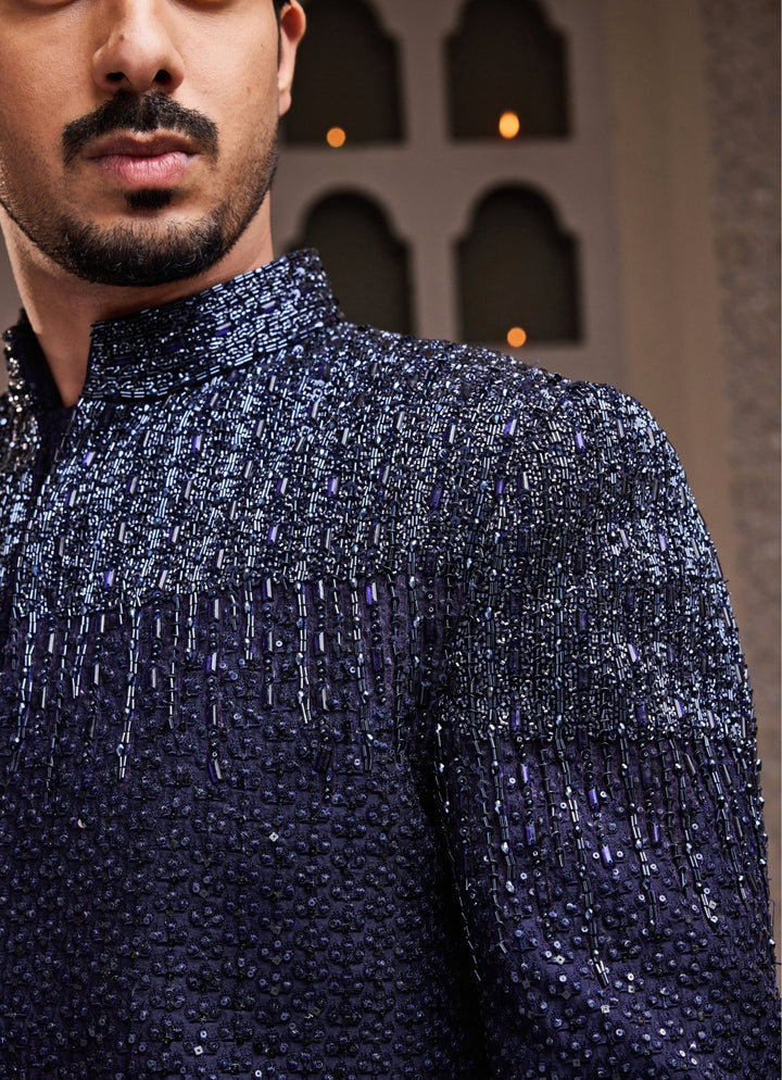 Navy Blue Embroidered Raw Silk Jodhpuri Set Nitika Gujral - Men - Fabilicious Fashion