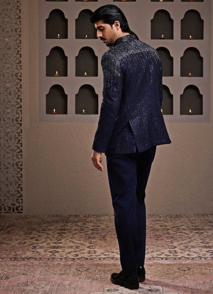 Navy Blue Embroidered Raw Silk Jodhpuri Set Nitika Gujral - Men - Fabilicious Fashion