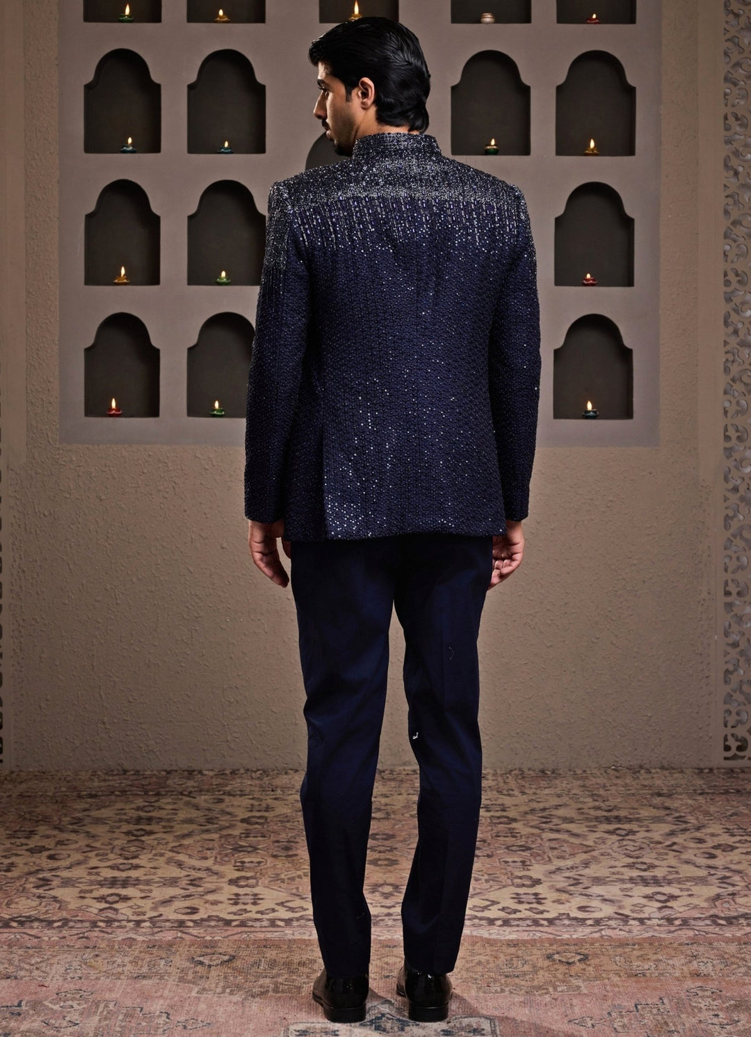 Navy Blue Embroidered Raw Silk Jodhpuri Set Nitika Gujral - Men - Fabilicious Fashion