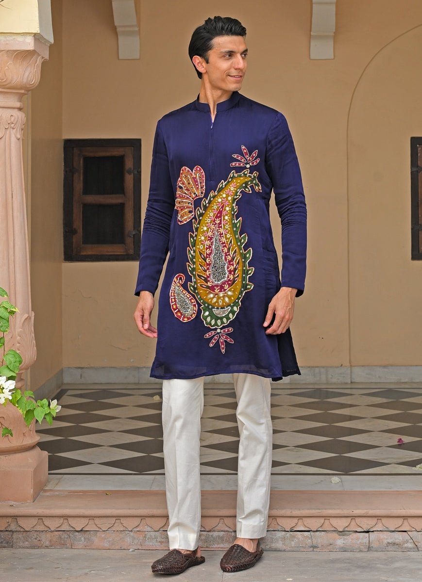 Navy Blue Embroidered Satin Kurta Pants Set Juhi Bengani - Men - Fabilicious Fashion