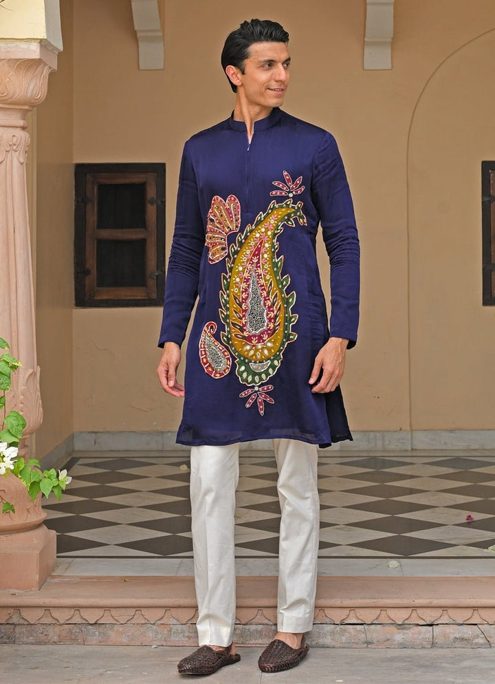 Navy Blue Embroidered Satin Kurta Pants Set Juhi Bengani - Men - Fabilicious Fashion