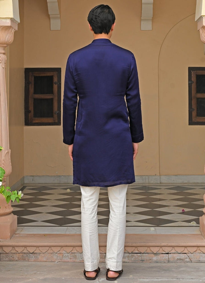 Navy Blue Embroidered Satin Kurta Pants Set Juhi Bengani - Men - Fabilicious Fashion
