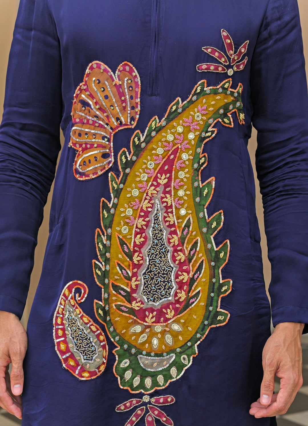 Navy Blue Embroidered Satin Kurta Pants Set Juhi Bengani - Men - Fabilicious Fashion