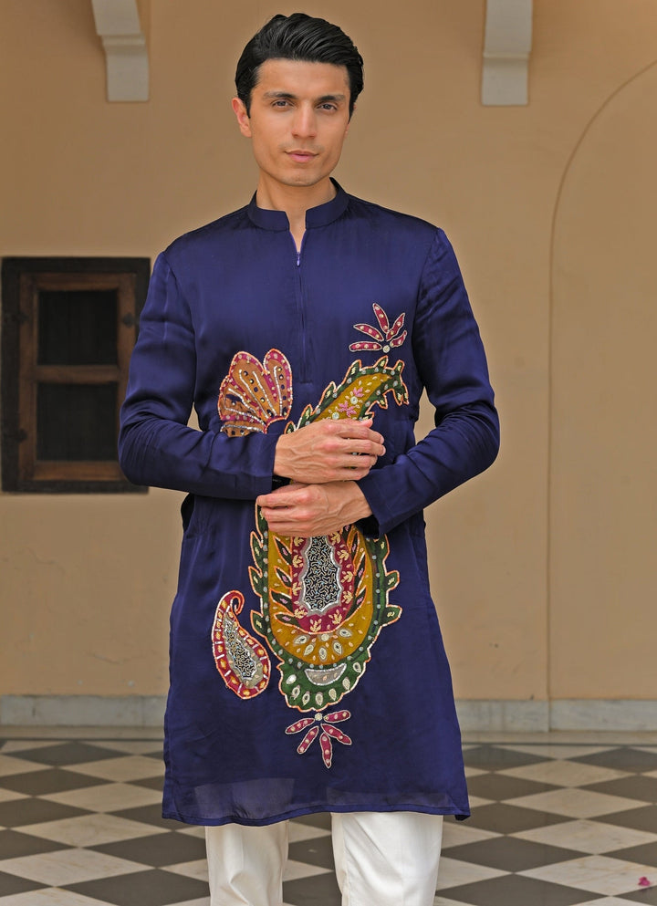 Navy Blue Embroidered Satin Kurta Pants Set Juhi Bengani - Men - Fabilicious Fashion