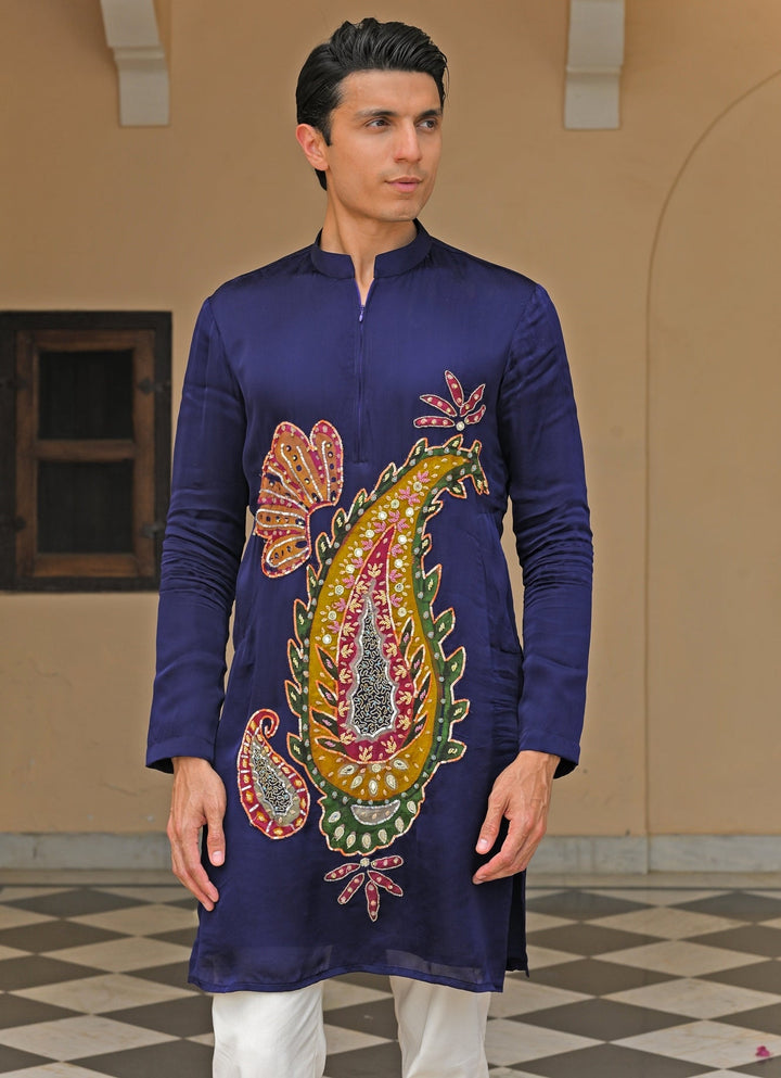 Navy Blue Embroidered Satin Kurta Pants Set Juhi Bengani - Men - Fabilicious Fashion