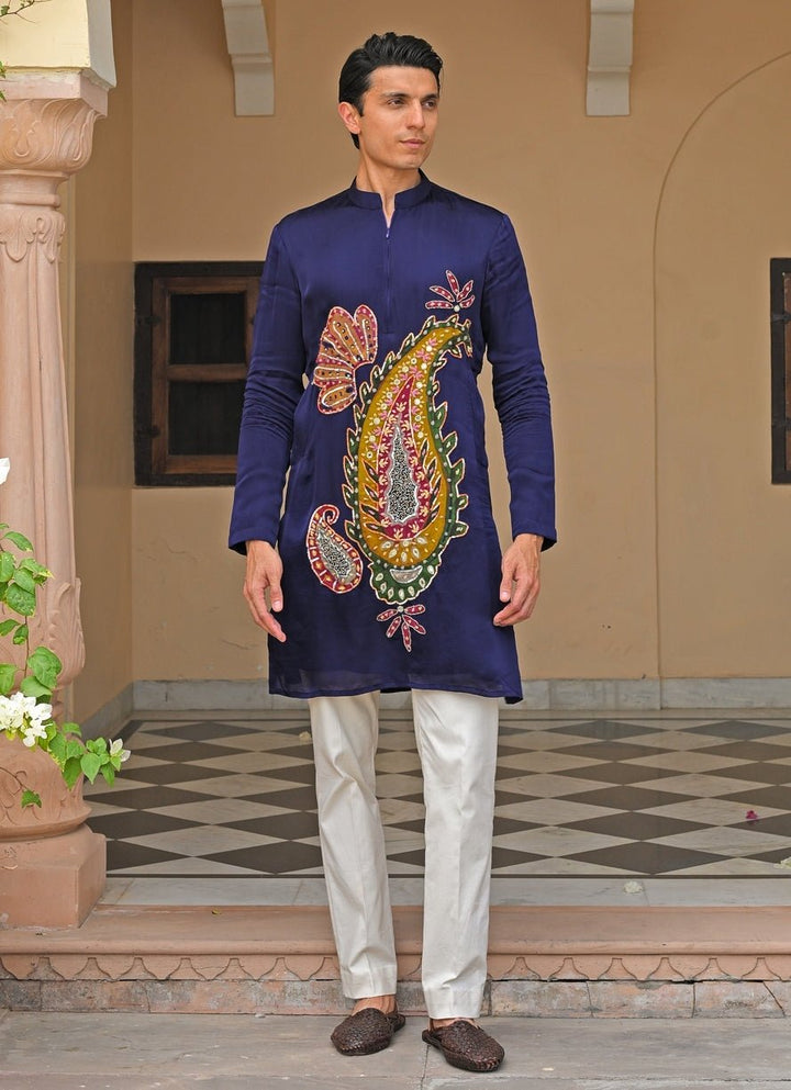 Navy Blue Embroidered Satin Kurta Juhi Bengani - Men - Fabilicious Fashion