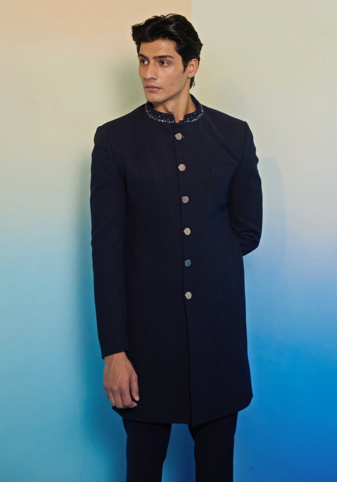 Navy Blue Embroidered Sherwani Set Contrast by Parth - Fabilicious Fashion