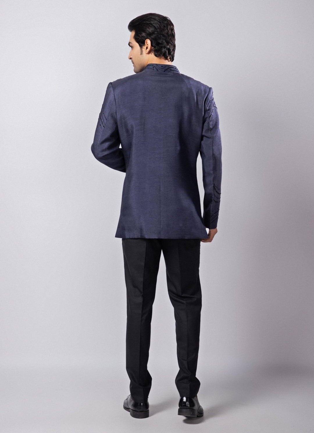 Navy Blue Embroidered Silk Bandhgala Pant Set Smriti - Fabilicious Fashion