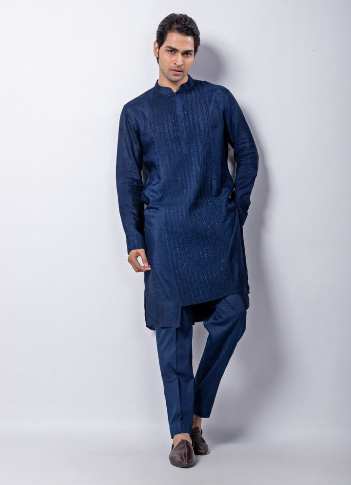 Navy Blue Embroidered Silk Kurta Pant Set Smriti - Fabilicious Fashion