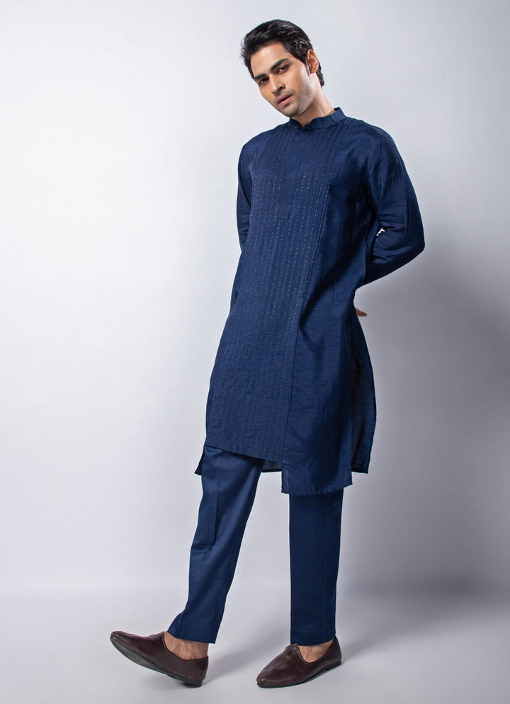 Navy Blue Embroidered Silk Kurta Pant Set Smriti - Fabilicious Fashion