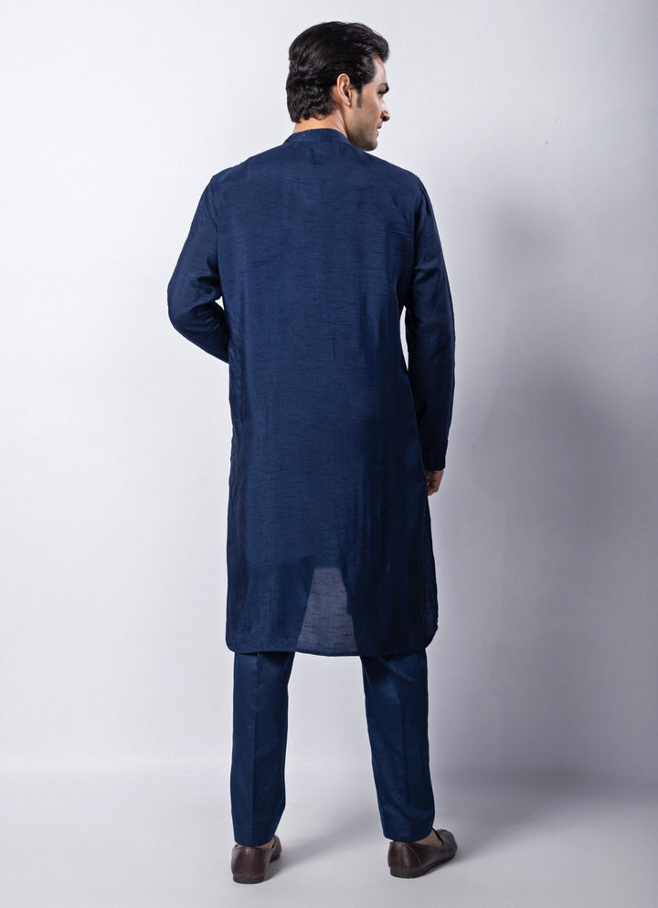 Navy Blue Embroidered Silk Kurta Pant Set Smriti - Fabilicious Fashion