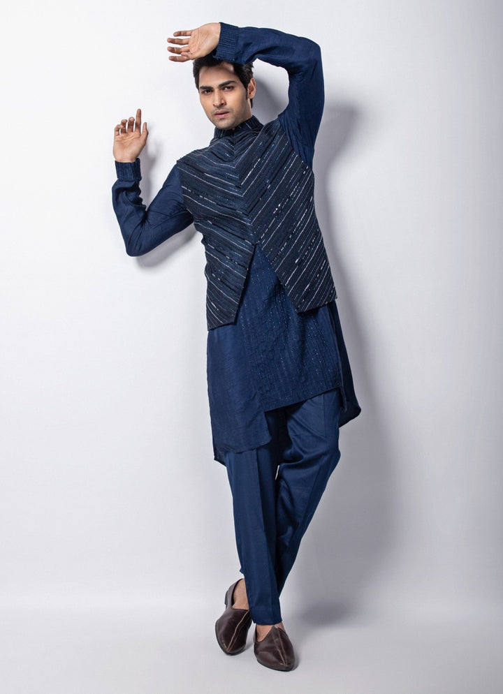 Navy Blue Embroidered Silk Nehru Jacket Smriti - Fabilicious Fashion